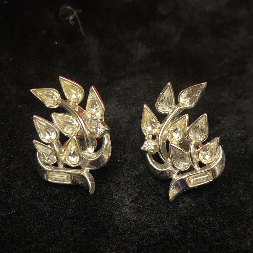 Trifari Silver Crystal Leaf Earrings